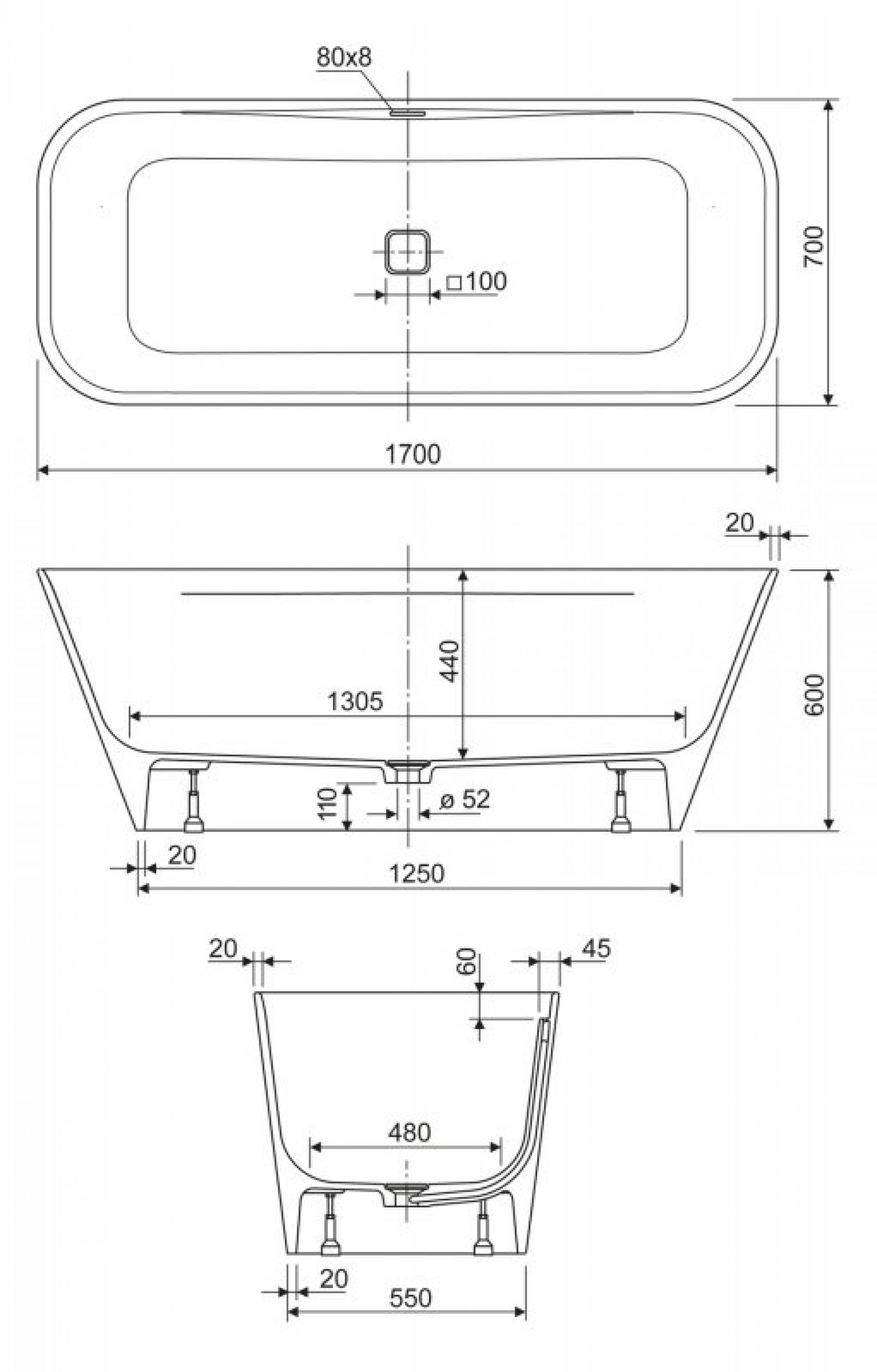 Ванна из литьевого мрамора 170х70 см Cezares TITAN-SQUARE-170-70-57