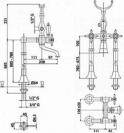 Смеситель для ванны и душа Cezares ATLANTIS-NOSTALGIA-VDPS-03/24, золото