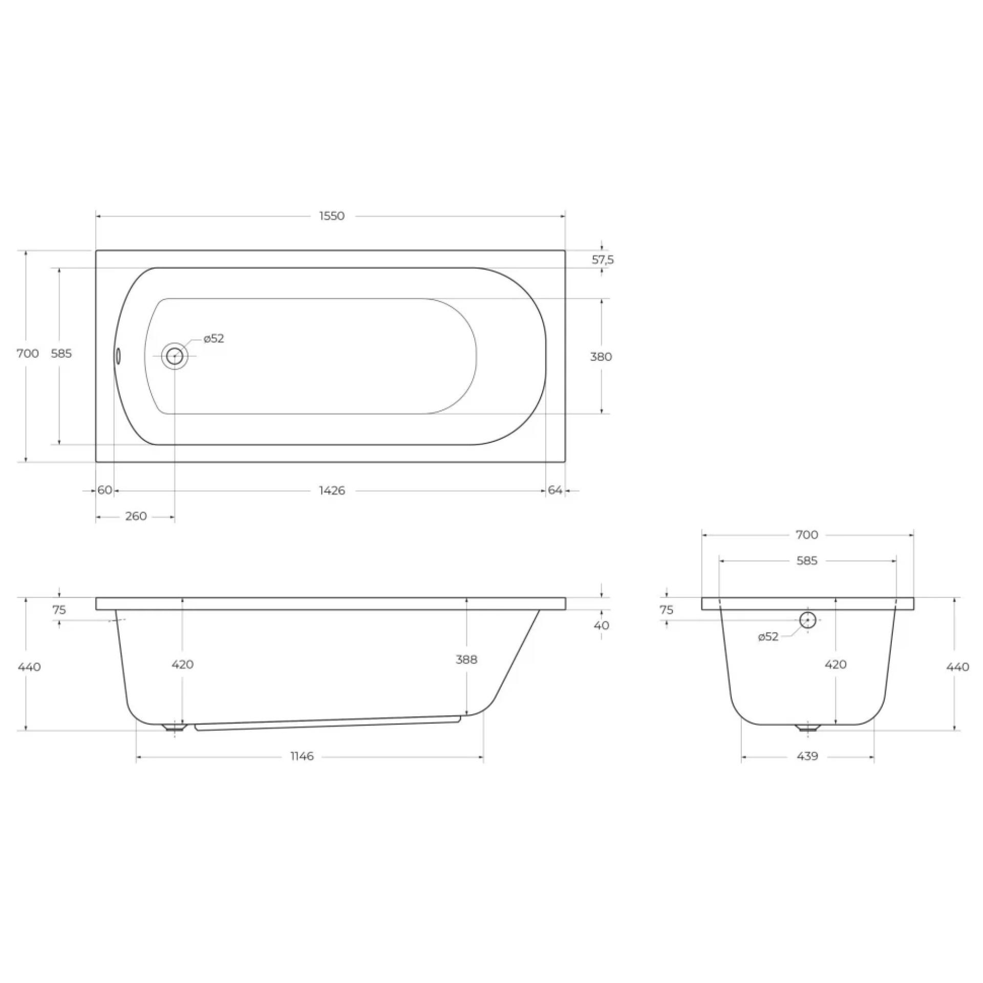 Акриловая ванна Cezares Eco ECO-155-70-41-W37 155x70 см, белый