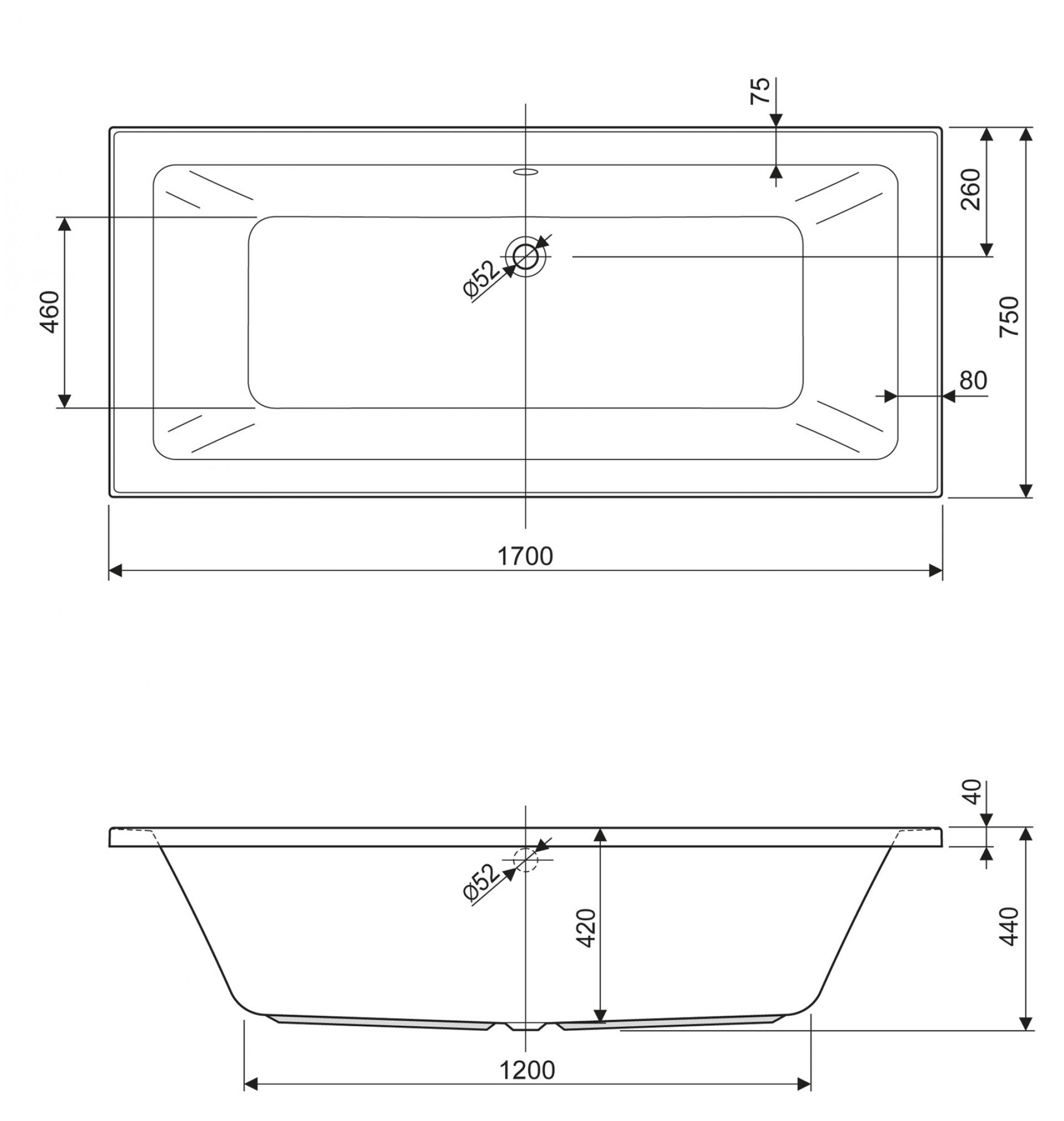 Акриловая ванна 170х75 Cezares Plane mini PLANE MINI-170-75-42