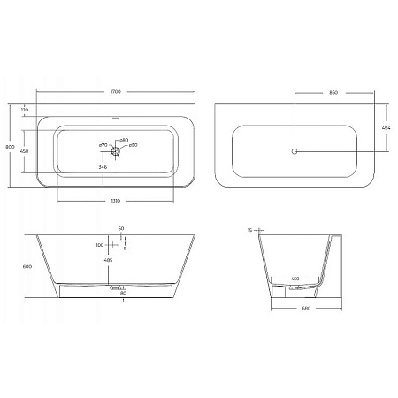 Ванна из искусственного камня Cezares CZR-LINER-170-80-60-SSB 170x80, белый матовый
