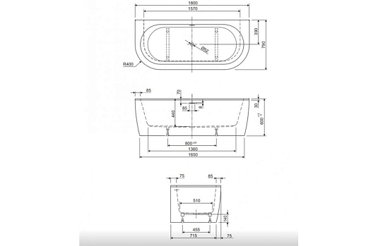 Акриловая ванна Cezares SLIM WALL-180-80-44-W37 180x80 см, белый