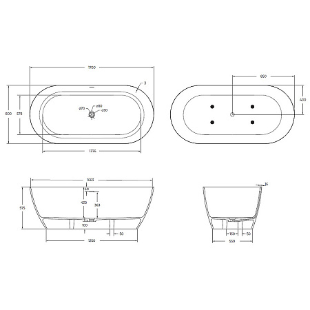 Ванна из искусственного камня Cezares CZR-RELAX-170-80-57-SSB 170x80, белый матовый