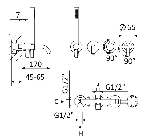 Смеситель для ванны с душем Cezares Leaf LEAF-VDIM3-D-L-NOP черный матовый