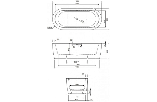Акриловая ванна Cezares SLIM CENTRAL-180-80-44-W37 180x80 см, белый