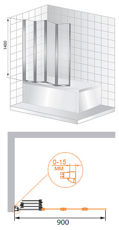 Шторка на ванну Cezares TRIO-V-W-3-90/140-C-Cr-R
