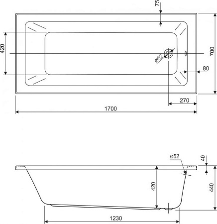 Акриловая ванна Cezares Plane Solo 170х70 PLANE SOLO-170-70-45-W37