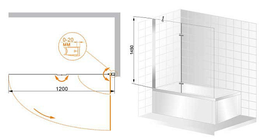 Шторка на ванну Cezares VERONA-W-V-21-120-P-Cr-L стекло punto